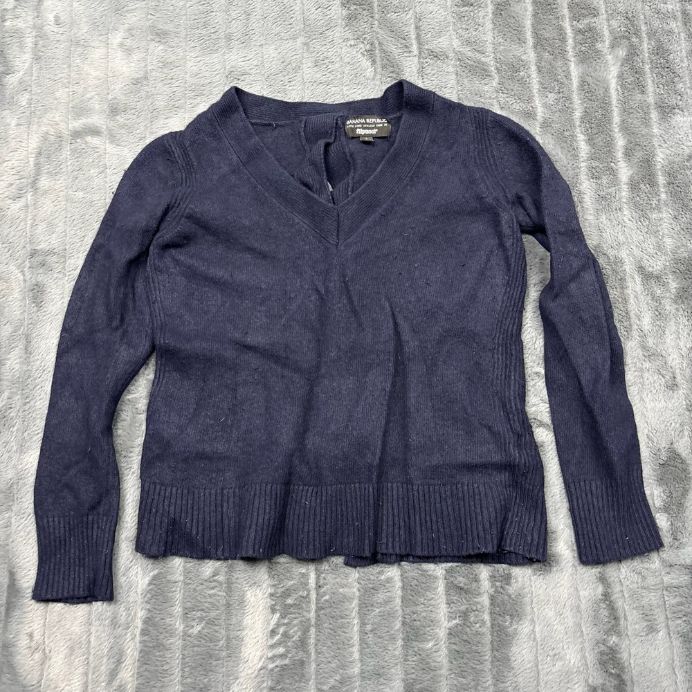Banana Republic Navy Merino Wool Cashmere Button Back V-Neck Sweater Large 11482